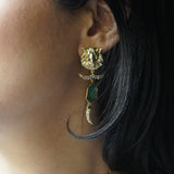 Arqa lion motif green stone earrings